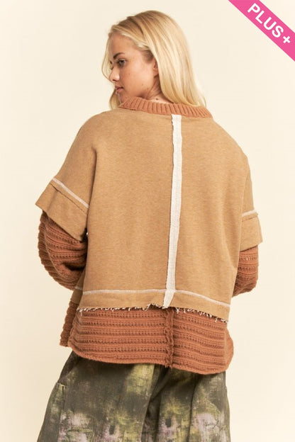Davi & Dani Plus-Size Chunky Layered Ribbed Knit Trim Sweater Top – Tan