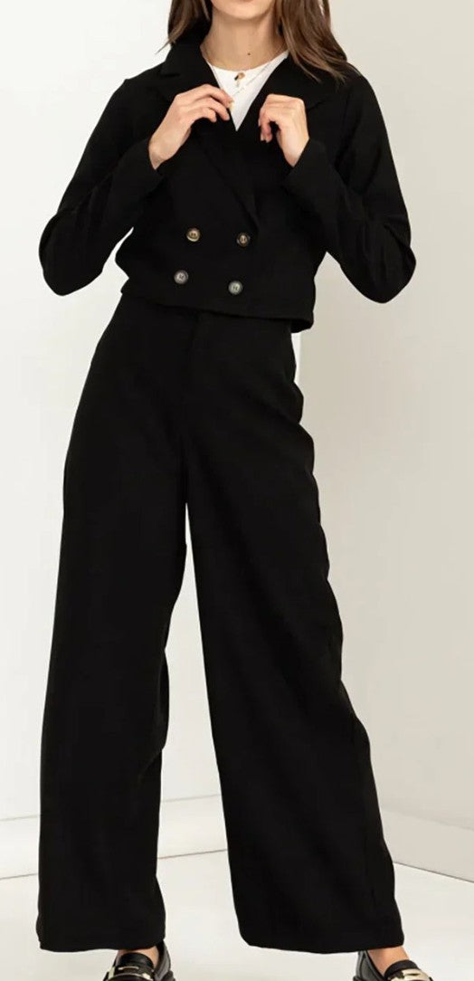 Black cropped blazer and wide-leg pants set front view