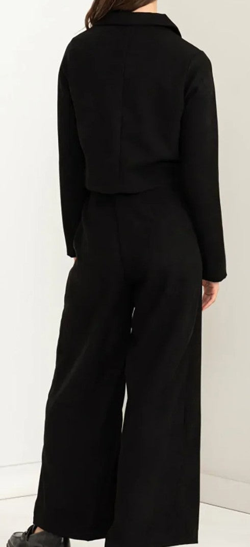Black blazer and wide-leg pants set back view