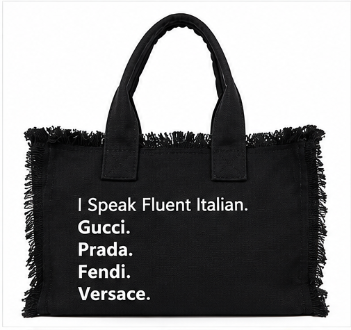 CLR I Speak Fluent Fashion Canvas Fringe Tote Bag – Black or Navy
