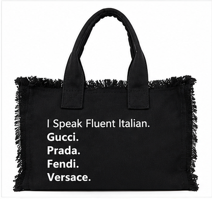 CLR I Speak Fluent Fashion Canvas Fringe Tote Bag – Black or Navy