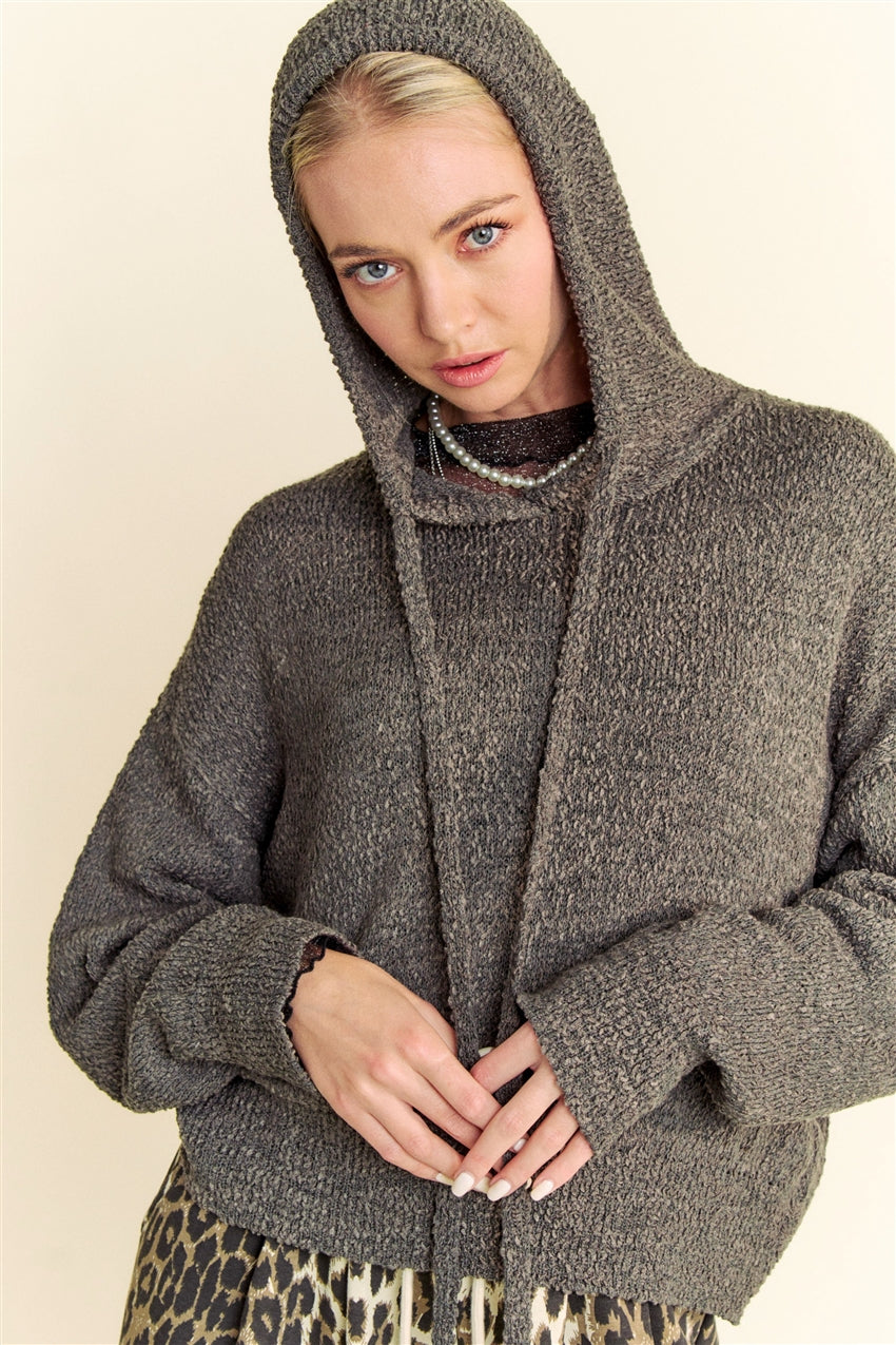 Charcoal knit hoodie close up front