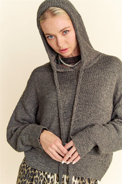 Charcoal knit hoodie close up front