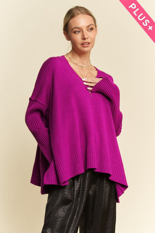 Davi & Dani fuchsia plus size oversized V-neck sweater view 1