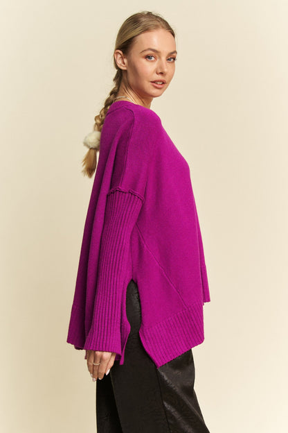Davi & Dani fuchsia plus size oversized V-neck sweater view 3