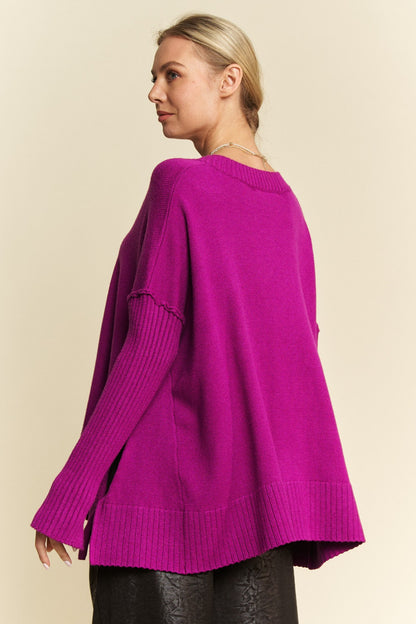Davi & Dani fuchsia plus size oversized V-neck sweater view 4