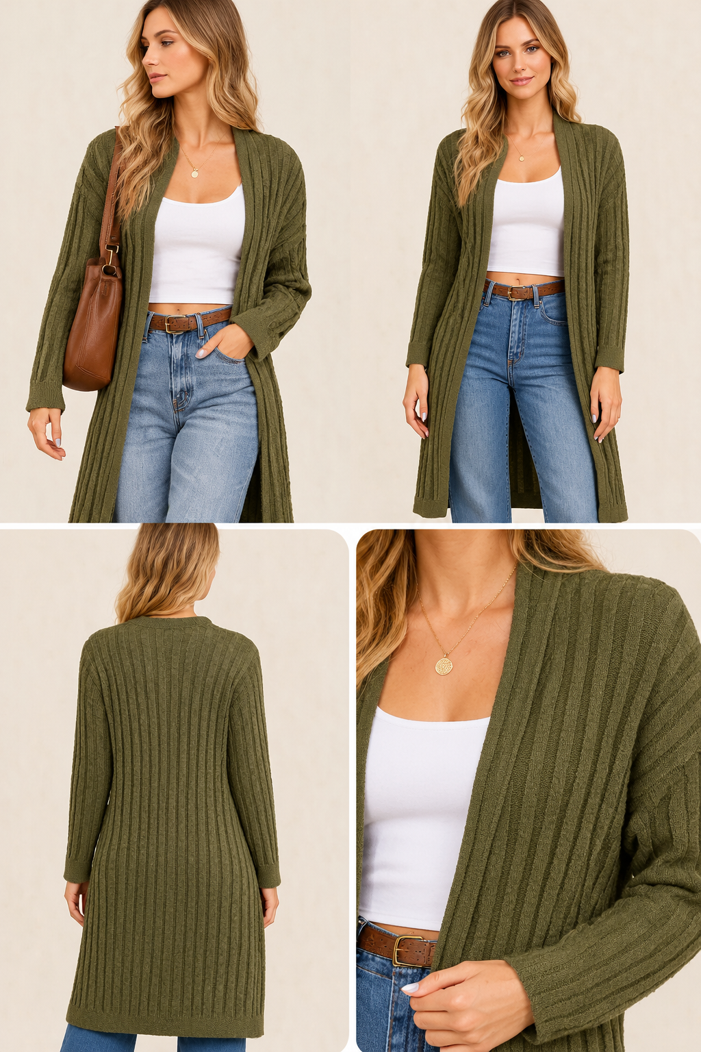 Open Front Ribbed Longline Cardigan – Olive