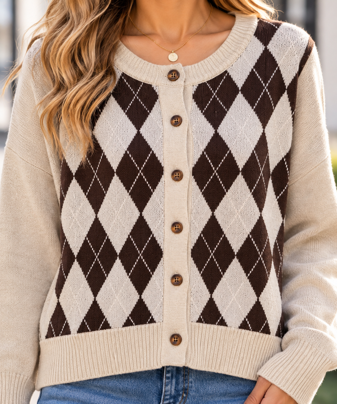 Oatmeal and brown argyle cardigan front close-up