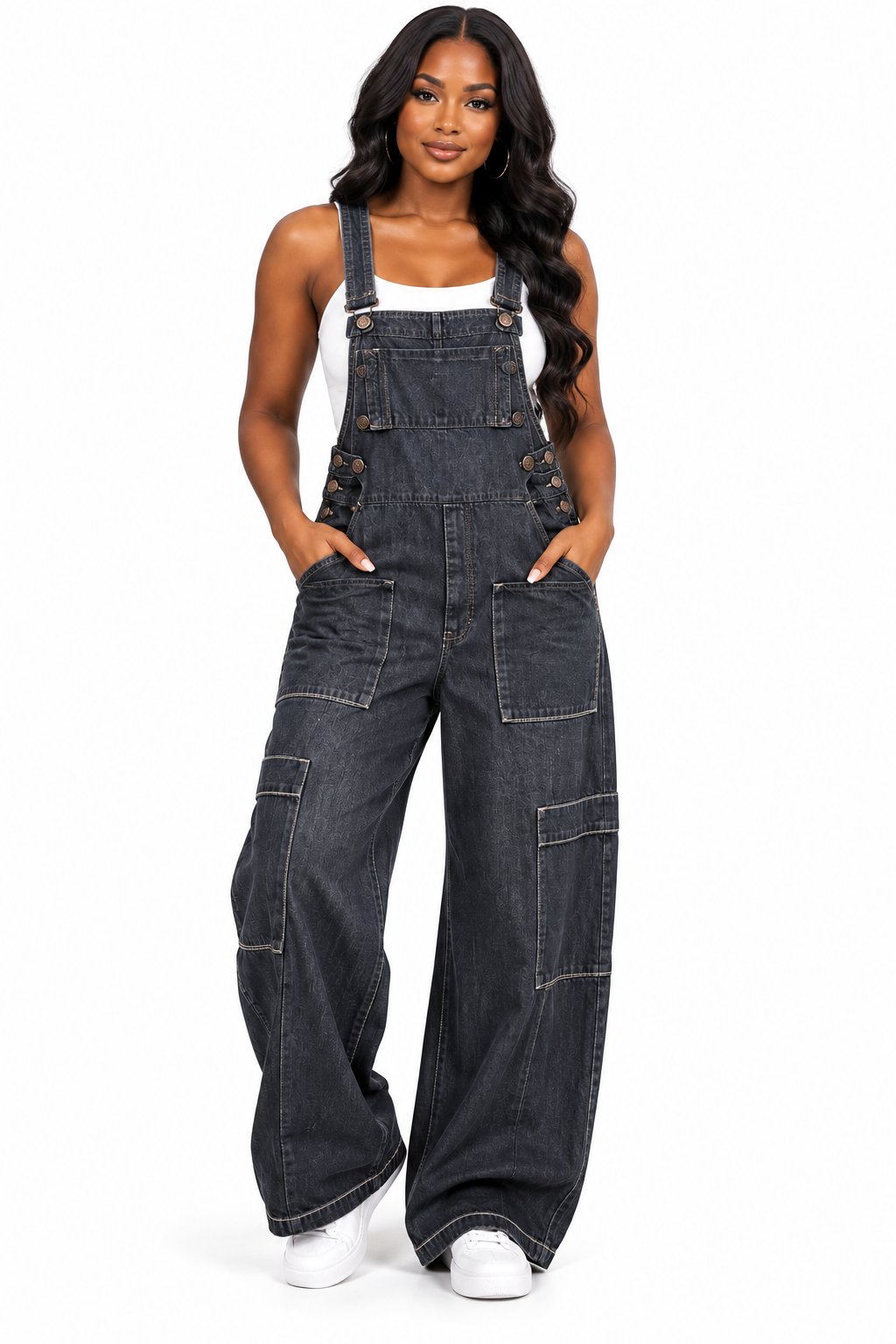Easel charcoal denim wide leg cargo overalls front model view