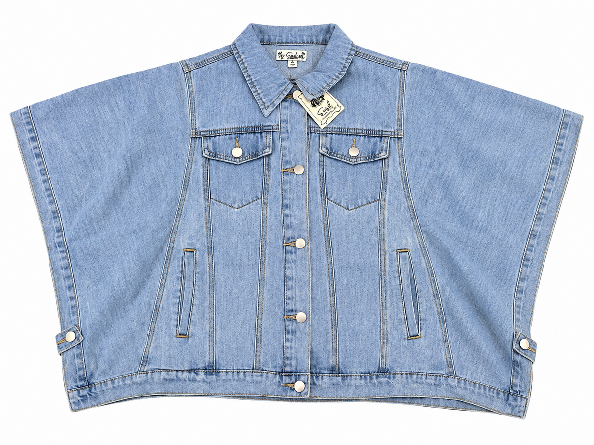 Easel light wash oversized denim cape jacket front flat lay