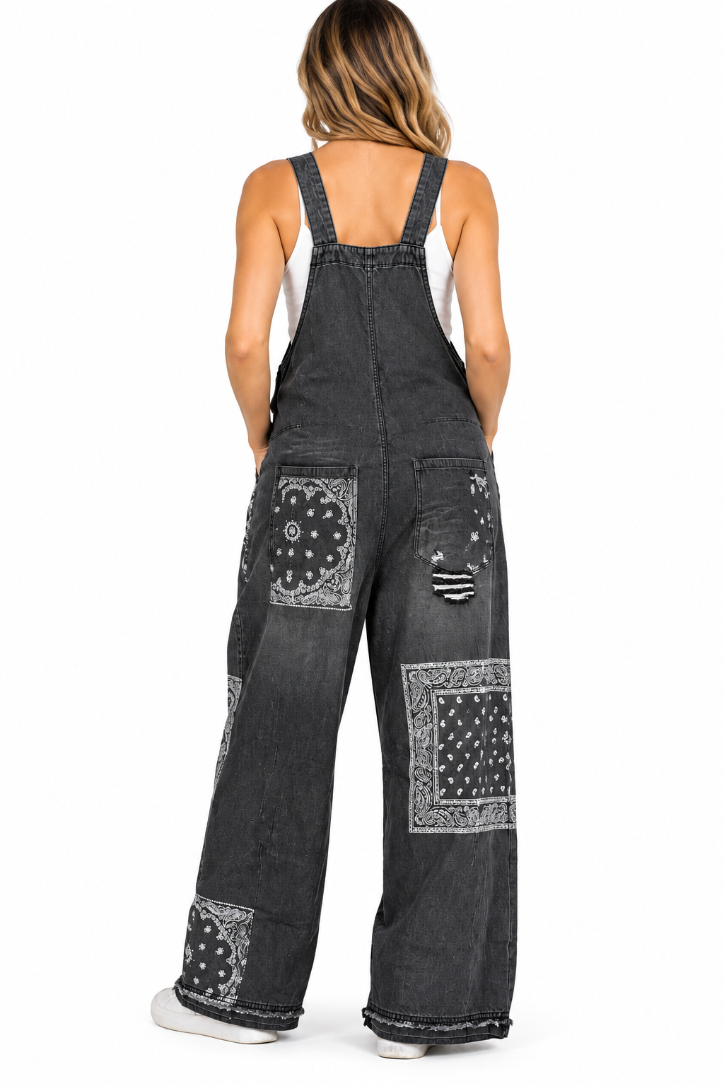 Easel charcoal paisley patchwork wide leg denim overalls back model view
