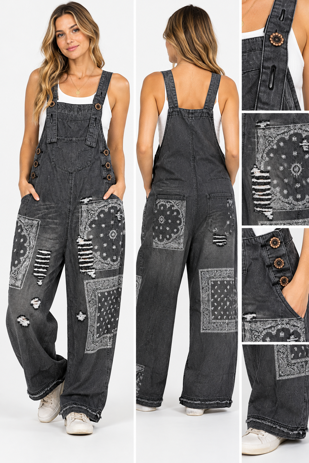 Easel distressed paisley denim overalls front back and detail views