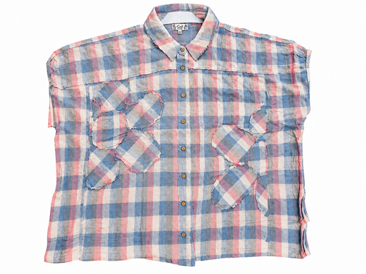 Easel pastel plaid button-front shirt upright with frayed floral appliques