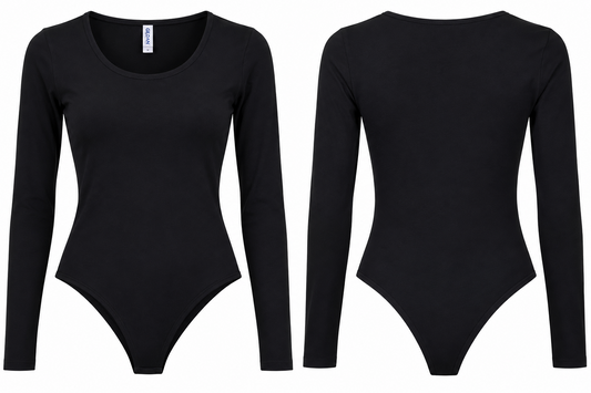 Black long sleeve scoop neck bodysuit front and back product view