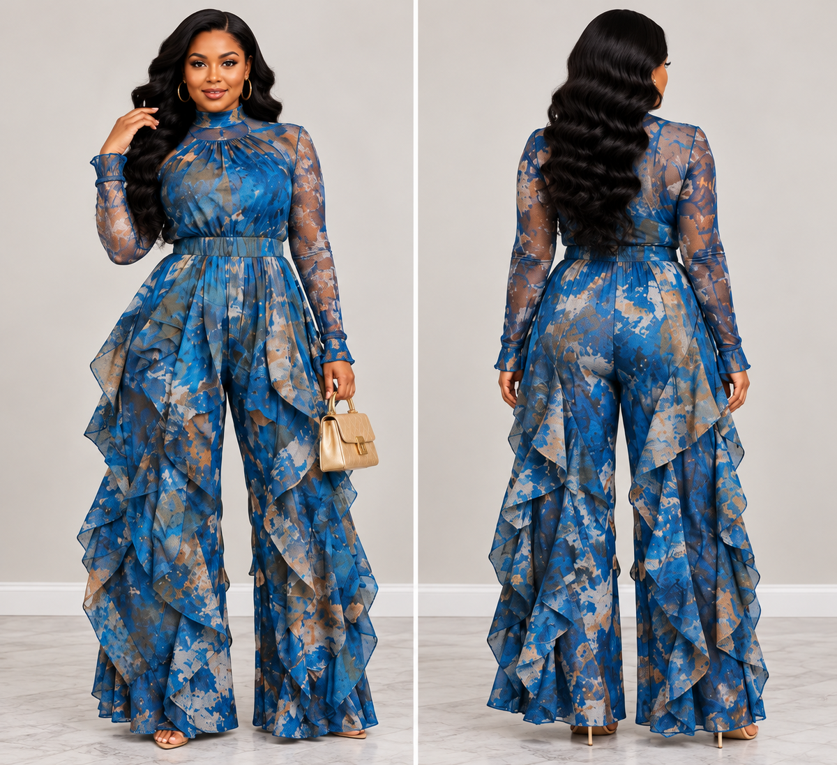 Blue bronze mesh jumpsuit front and back