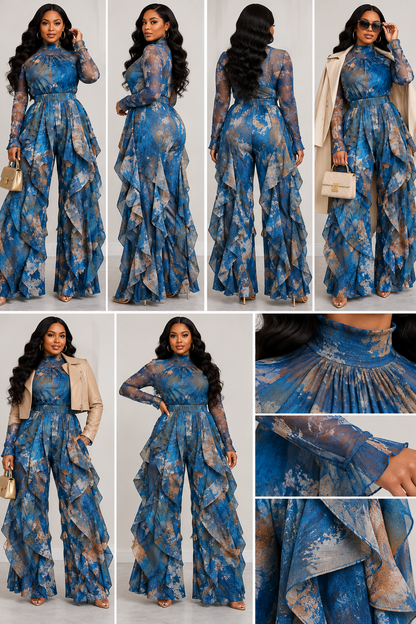 Blue bronze ruffled jumpsuit lookbook