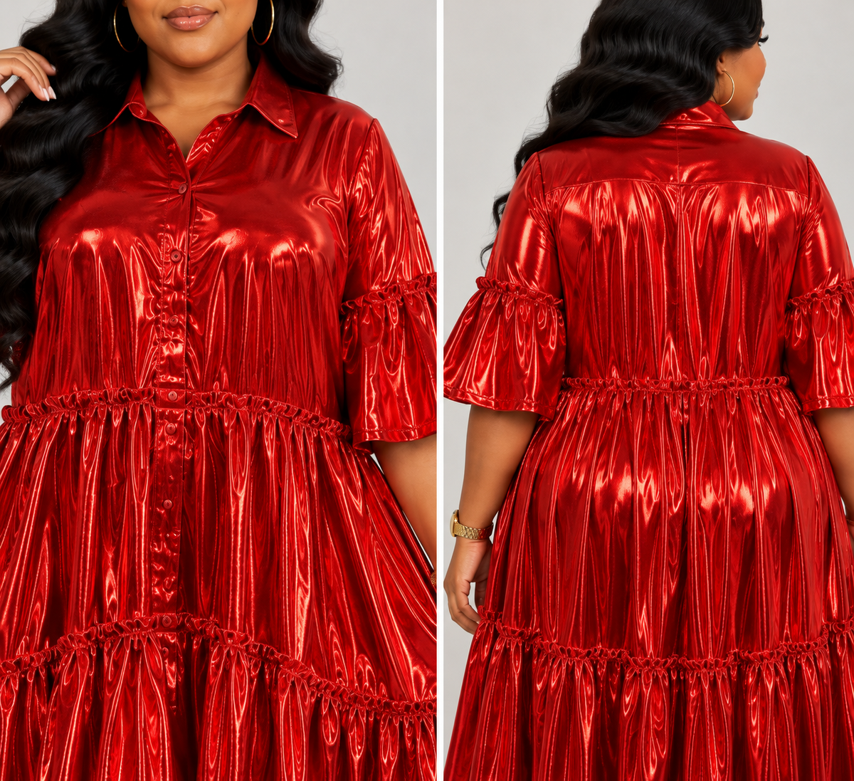 Metallic red dress multiple views