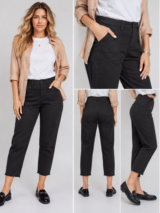Women's High-Waisted Cropped Utility Pants – Black & Charcoal Gray