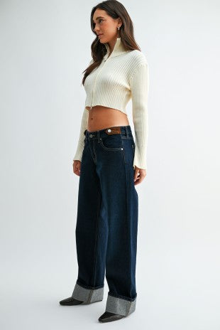 Just Black Denim dark rinse waistband detail cuffed straight jeans view 2