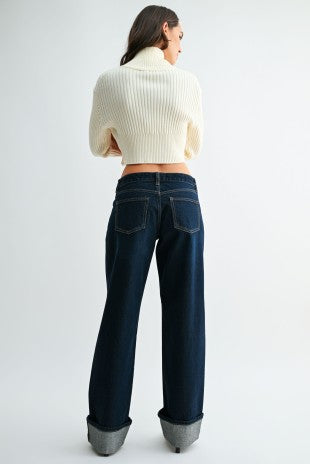 Just Black Denim dark rinse waistband detail cuffed straight jeans view 3