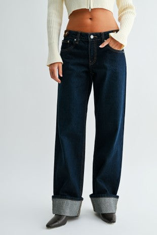 Just Black Denim dark rinse waistband detail cuffed straight jeans view 5