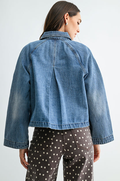 Back view denim jacket pleat