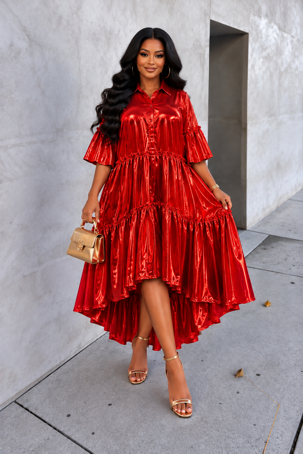 Metallic red ruffle-tiered high-low dress on model — AI-edited portrait cover