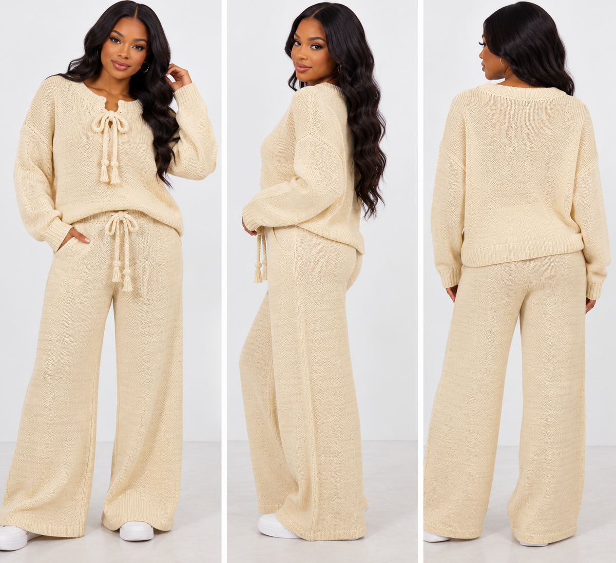 Miou Muse cream knit sweater and wide leg pants front and back product views