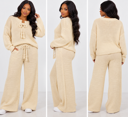 Miou Muse cream knit sweater and wide leg pants front and back product views