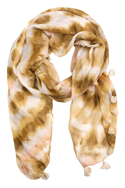 Camel and cream tie dye oblong tassel fringe scarf full product view