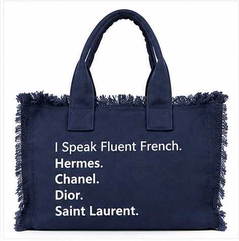 CLR I Speak Fluent Fashion Canvas Fringe Tote Bag – Black or Navy