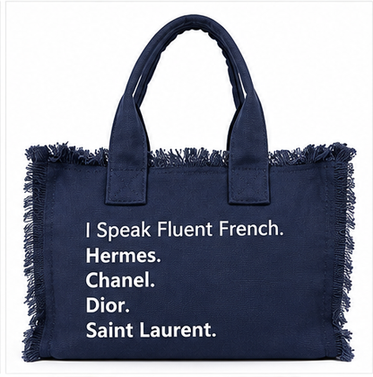 CLR I Speak Fluent Fashion Canvas Fringe Tote Bag – Black or Navy