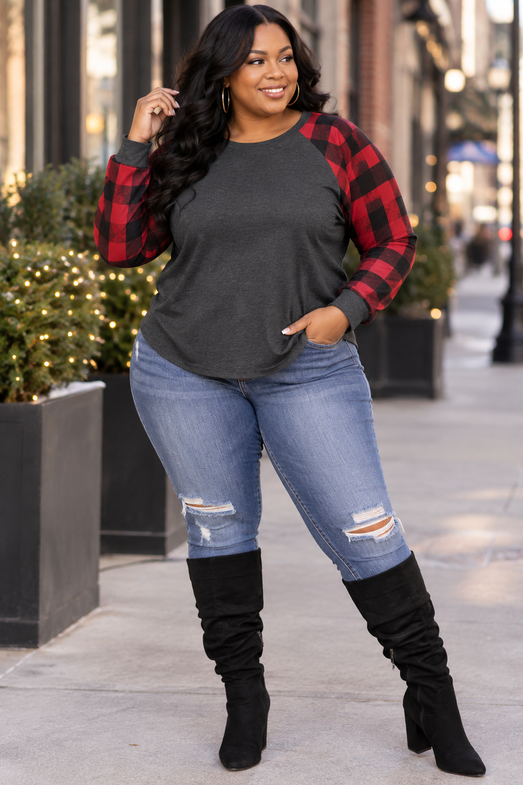 Perfect Peach plus-size charcoal top red and black plaid sleeves modeled front