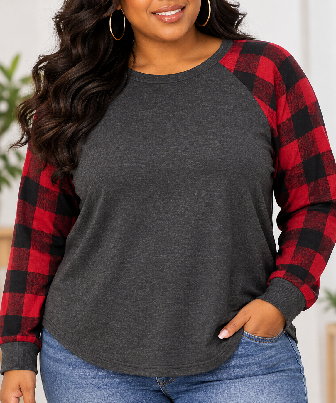 Perfect Peach charcoal and red buffalo plaid raglan top front close up