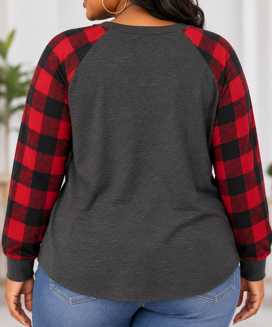 Perfect Peach charcoal and red buffalo plaid raglan top back modeled