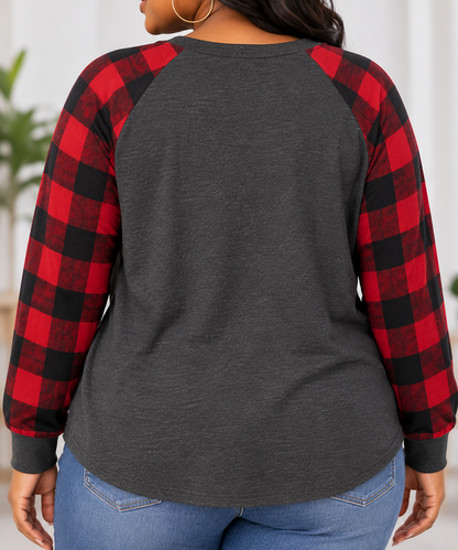 Perfect Peach charcoal and red buffalo plaid raglan top back modeled