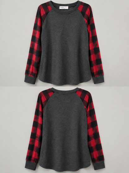 Perfect Peach buffalo plaid raglan top product front and back