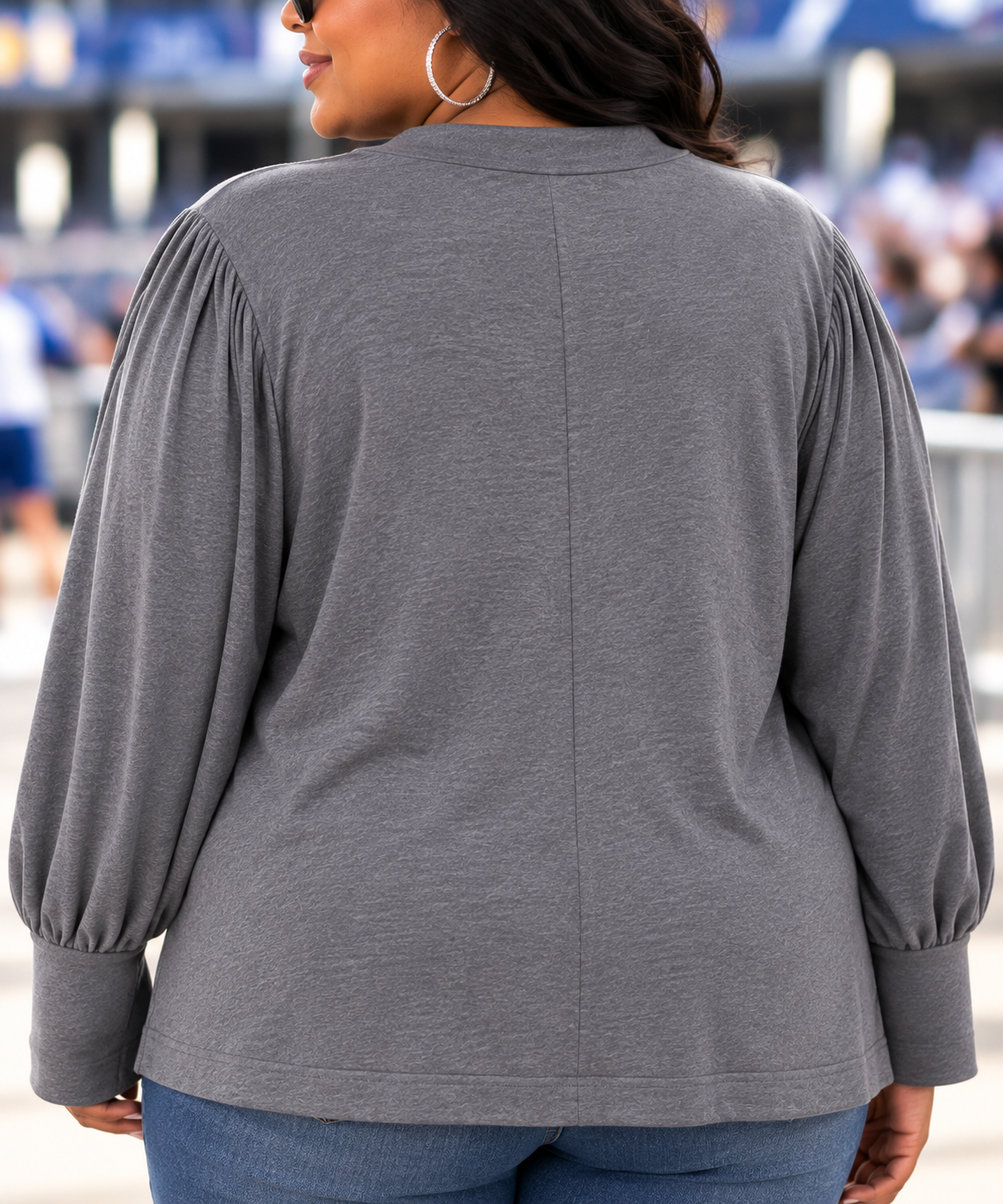 Perfect Peach charcoal gray top modeled back
