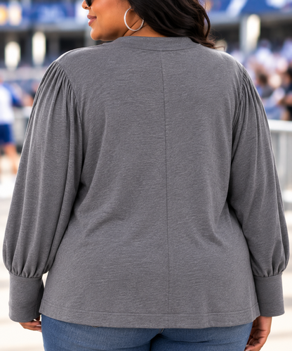 Perfect Peach charcoal gray top modeled back