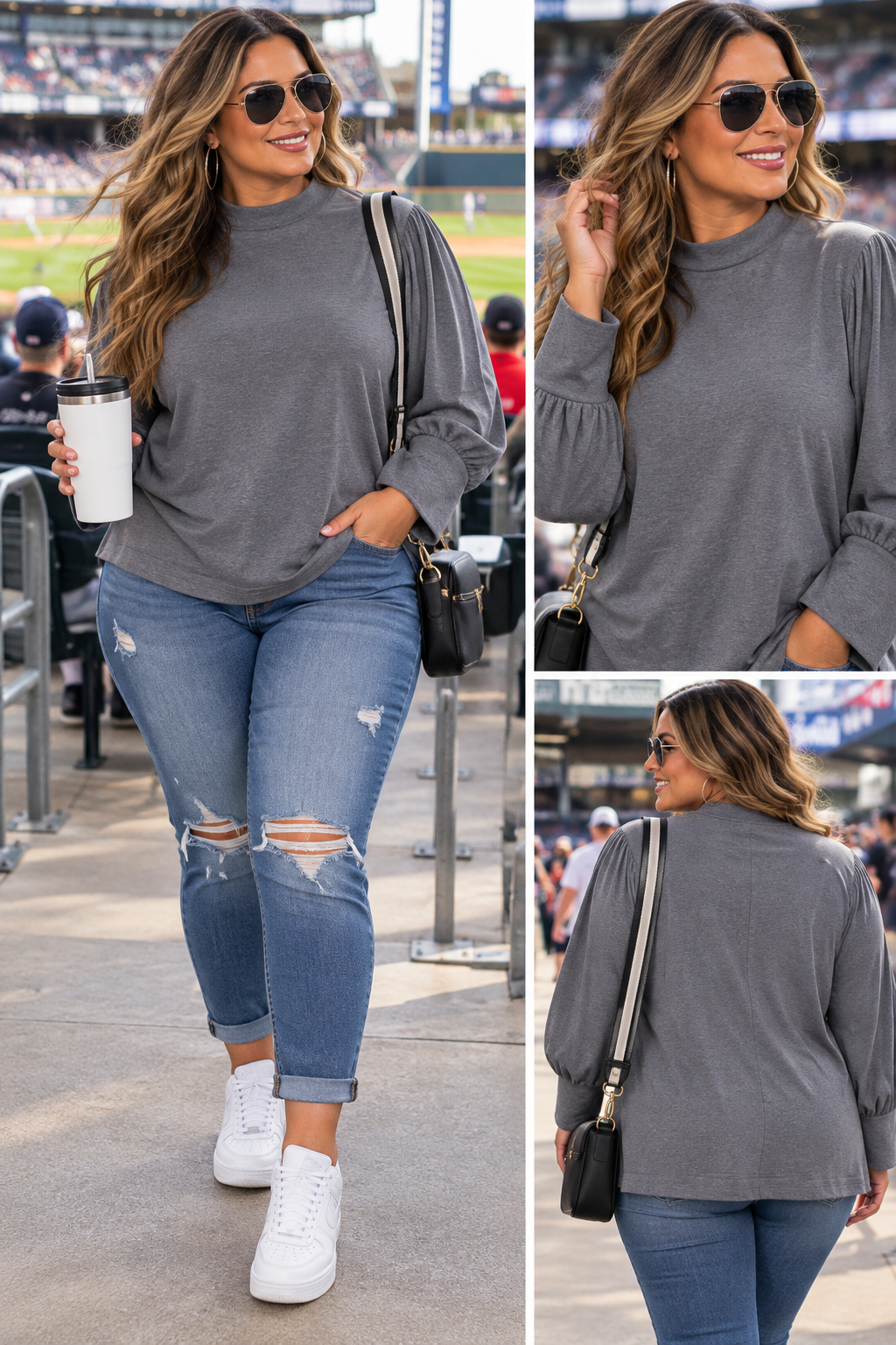 Perfect Peach charcoal gray top stadium outfit collage