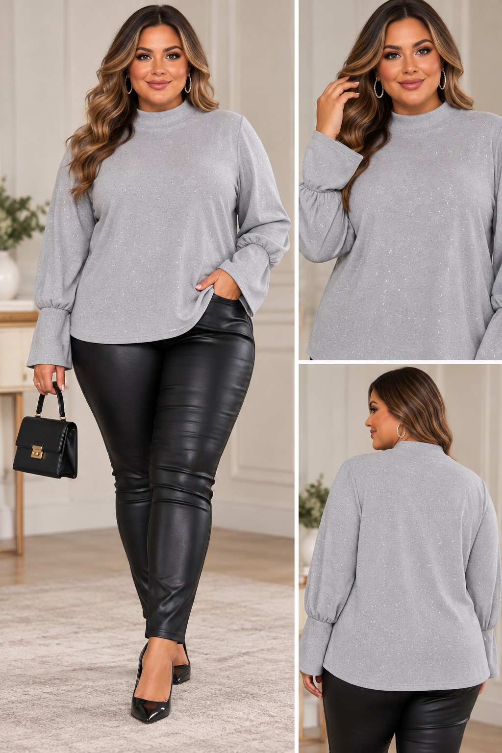 Gray shimmer Perfect Peach plus size top styled front