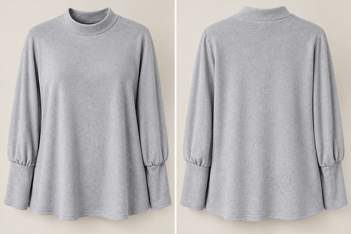 Gray shimmer Perfect Peach top front and back product views