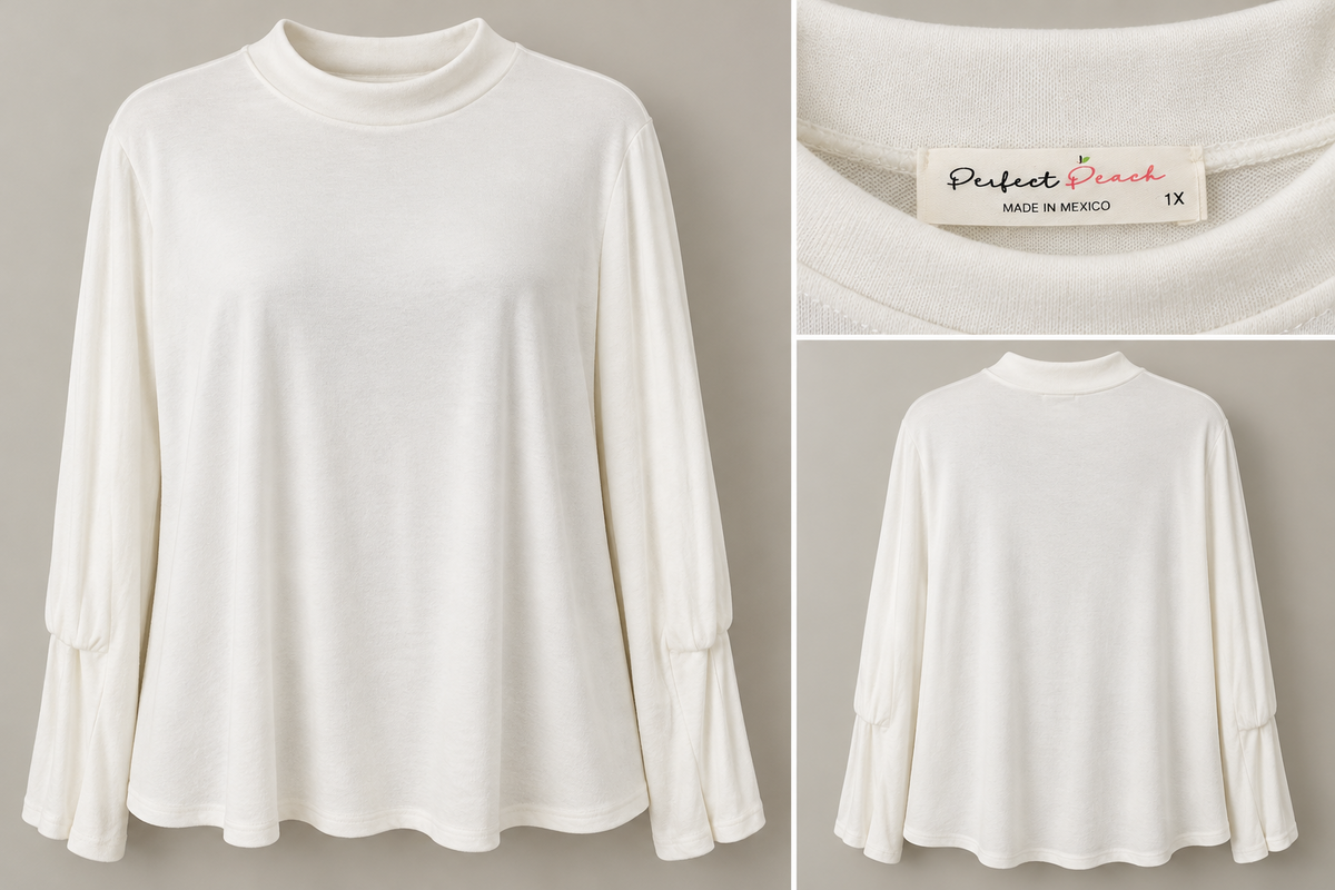Perfect Peach ivory bell sleeve top front back and label collage