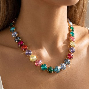 Rainbow jewel tone necklace worn by model