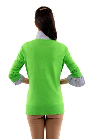 Gretchen Scott green crewneck Sneek A Peek sweater detail