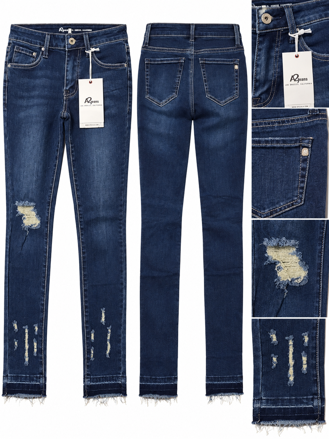 Dark indigo distressed jeans front back and details