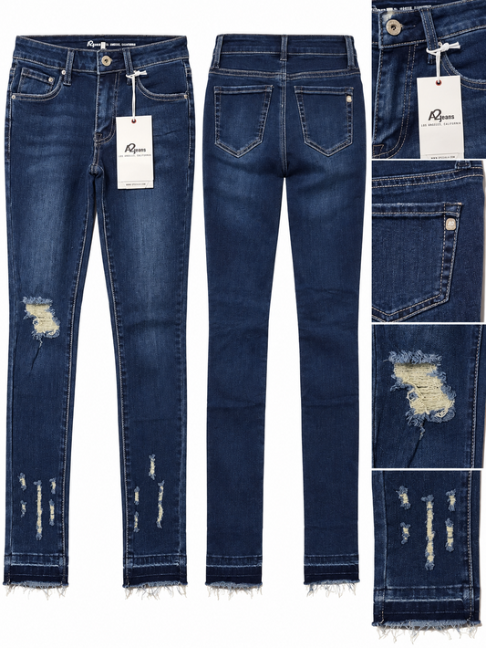 Dark indigo distressed jeans front back and details